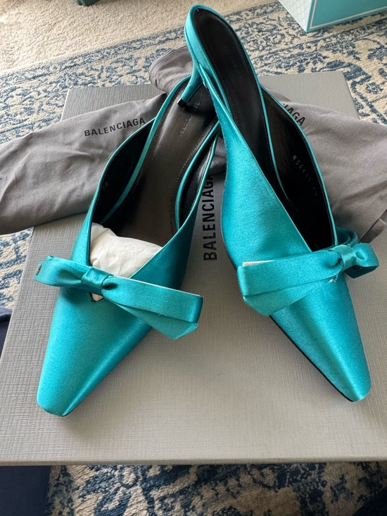 Balenciaga Shoes - Balenciaga Teal Satin Pointed Toe Bow Flats